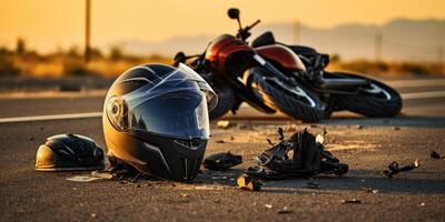 ai generiert Foto von Helm und Motorrad auf Straße, Konzept von Straße Unfälle. generativ ai