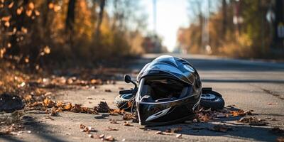 ai generiert Motorrad Helm auf das Straße, Straße Unfall Konzept. generativ ai foto