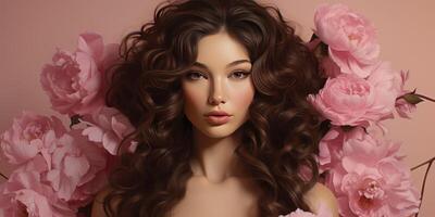 ai generiert schön Brünette Mädchen mit luxuriös Haar auf Rosa Hintergrund. generativ ai foto