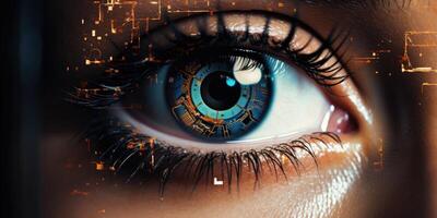 ai generiert zweidimensional Bild von ein Frau Auge. Betrachtung im das Augen von ein Mädchen. generativ ai foto