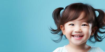 ai generiert süß asiatisch Mädchen auf ein Blau Hintergrund. Platz zum Text. generativ ai foto