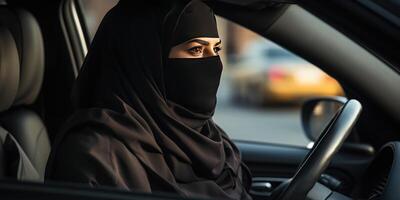 ai generiert Porträt von ein arabisch Muslim Frau im ein Schleier Fahren ein Wagen. generativ ai foto