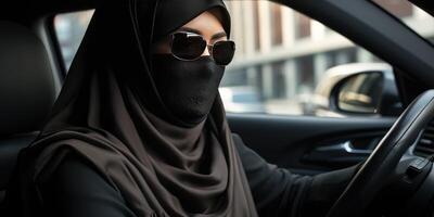 ai generiert arabisch Muslim Frau im Schleier und Schal Fahren ein Wagen. generativ ai foto