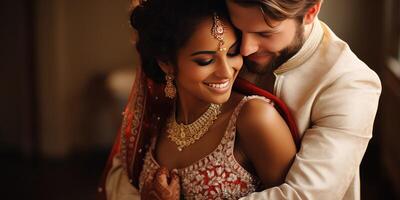 ai generiert glücklich indisch frisch verheiratet Paar im Liebe, Beziehung, Familie Thema. generativ ai foto