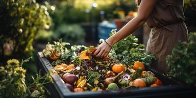 ai generiert ein Mann Handschuhe Komposte Essen Abfall im das Garten. organisch Essen wird bearbeitet. generativ ai foto