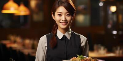 ai generiert schön Frau Kellnerin im ein asiatisch Restaurant Nahansicht. generativ ai foto