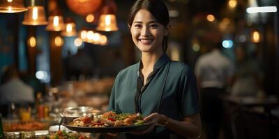 ai generiert schön Frau Kellnerin im ein asiatisch Restaurant Nahansicht. generativ ai foto