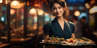 ai generiert schön Frau Kellnerin im ein asiatisch Restaurant Nahansicht. generativ ai foto