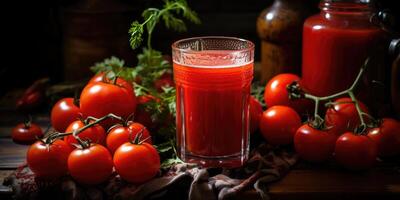 ai generiert Tomate Saft im Glas, köstlich reif Tomaten auf das Tisch. Ernte. generativ ai foto