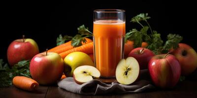 ai generiert frisch Ei und Karotte Saft mit Kräuter im ein Glas auf hölzern Tisch. generativ ai foto