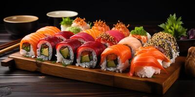 ai generiert sortiert Sushi und Rollen auf ein hölzernes Tafel. Vielfalt von japanisch Sushi. generativ ai foto