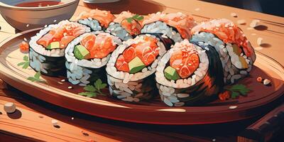 ai generiert Illustration einstellen von anders Typen von Sushi und Rollen auf hölzern Tafel. generativ ai foto