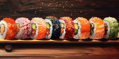 ai generiert sortiert Sushi und Rollen auf ein hölzernes Tafel. Vielfalt von japanisch Sushi. generativ ai foto