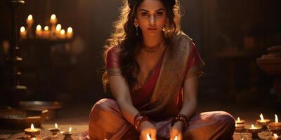 ai generiert indisch Frau im National Kleider Sari. festlich Diwali, Design Lampe, golden Beleuchtung, generativ ai foto