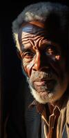 ai generiert Vertikale Porträt von traurig Alten afrikanisch Mann. Thema von Einsamkeit. generativ ai foto