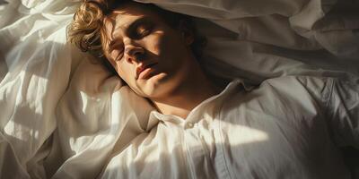 ai generiert gut aussehend jung Mann Schlafen das Bett. Thema von Träume. generativ ai foto