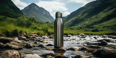 ai generiert Stahl Ökothermisch Flasche gegen das Hintergrund von ein Fluss im das Berge. generativ ai foto