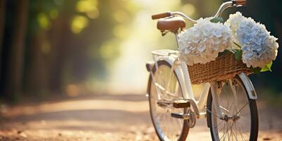 ai generiert Hortensien im ein Fahrrad Korb, Raum zum Text, romantisch Foto. generativ ai foto