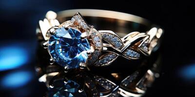 ai generiert Herrlich schön Ring mit Blau Saphir und Diamanten auf ein dunkel Hintergrund. generativ ai foto