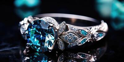 ai generiert Herrlich schön Ring mit Blau Saphir und Diamanten auf ein dunkel Hintergrund. generativ ai foto
