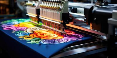 ai generiert schön mehrfarbig hell Maschine Stickerei. Digital Textil- Industrie. generativ ai foto