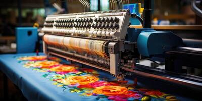 ai generiert schön mehrfarbig hell Maschine Stickerei. Digital Textil- Industrie. generativ ai foto