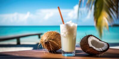 ai generiert Cocktail auf das Strand oder Ozean. trinken mit Eis und Kokosnuss. generativ ai foto