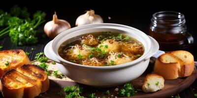 ai generiert traditionell Französisch Zwiebel Suppe im ein Weiß Teller mit Käse Kruste und Croutons. generativ ai foto