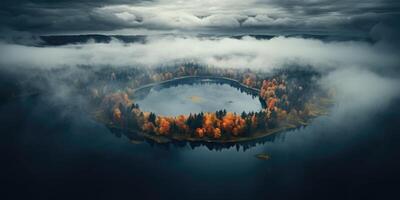 ai generiert Herbst Landschaft. Antenne Aussicht von ein feucht Herbst Insel. generativ ai foto