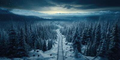 ai generiert schön Winter Landschaft von über. Aussicht von das Wald und Straße. generativ ai foto