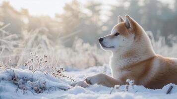 ai generiert ein schön Akita inu Hund auf ein schneebedeckt Hintergrund, realistisch Foto