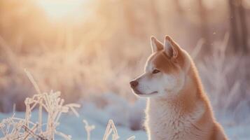 ai generiert ein schön Akita inu Hund auf ein schneebedeckt Hintergrund, realistisch Foto