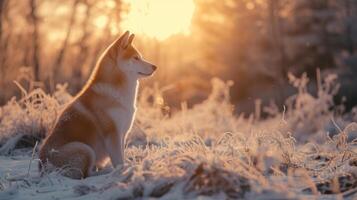 ai generiert ein schön Akita inu Hund auf ein schneebedeckt Hintergrund, realistisch Foto