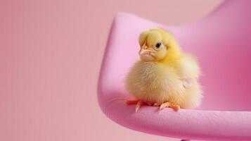 ai generiert ein wenig Gelb Hähnchen auf ein Pastell- Rosa Hintergrund foto