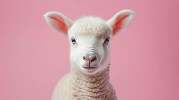 ai generiert ein süß Lamm auf ein Pastell- Rosa Hintergrund foto
