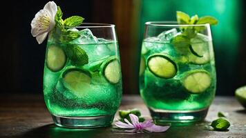ein Glas gefüllt mit ein beschwingt Grün Cocktail gemacht mit frisch Minze, Gurke, und Limette Scheiben, Kondensation Bildung auf das Glas mit ein Frühling Blume Garnierung. foto