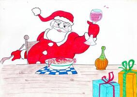 Santa claus beim das Tabelle mit Spaghetti und rot Wein foto