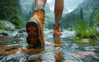 Wandern Wanderer Reisender Landschaft Abenteuer Natur draußen Sport Hintergrund Panorama - - schließen oben von Füße mit Wandern Schuhe von ein Mann oder Frau Gehen im das Fluss foto