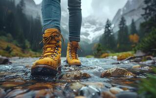 Wandern Wanderer Reisender Landschaft Abenteuer Natur draußen Sport Hintergrund Panorama - - schließen oben von Füße mit Wandern Schuhe von ein Mann oder Frau Gehen im das Fluss foto