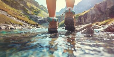 Wandern Wanderer Reisender Landschaft Abenteuer Natur draußen Sport Hintergrund Panorama - - schließen oben von Füße mit Wandern Schuhe von ein Mann oder Frau Gehen im das Fluss foto