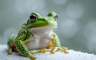 ein bunt Frosch Sitzung auf oben von ein Grün Blatt foto