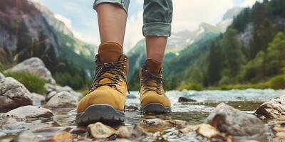 Wandern Wanderer Reisender Landschaft Abenteuer Natur draußen Sport Hintergrund Panorama - - schließen oben von Füße mit Wandern Schuhe von ein Mann oder Frau Gehen im das Fluss foto