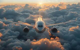 kommerziell Flugzeug nehmen aus in bunt Himmel beim Sonnenuntergang. Landschaft mit Weiß Passagier Flugzeug, lila Himmel mit Rosa Wolken. Reisen durch Flugzeug foto