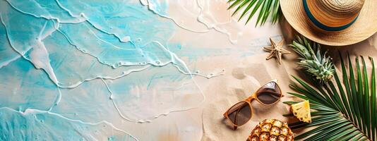 Ferien Sommer- Urlaub Reise tropisch Ozean Meer Banner Panorama Gruß Karte - - Stroh Hut foto