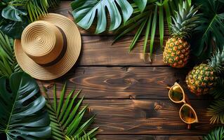 Ferien Sommer- Urlaub Reise tropisch Ozean Meer Banner Panorama Gruß Karte - - Stroh Hut foto