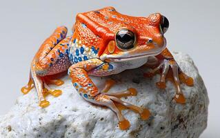 ein bunt Frosch Sitzung auf oben von ein Grün Blatt foto