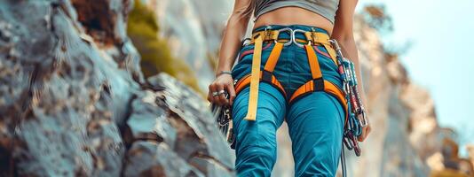 schließen oben von ein sportlich schlank ziemlich Frau mit Klettern Geschirr, Seil und Karabinerhaken zum Sicherheit, Klettern auf ein Felsen im das Berge foto