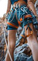 schließen oben von ein sportlich schlank ziemlich Frau mit Klettern Geschirr, Seil und Karabinerhaken zum Sicherheit, Klettern auf ein Felsen im das Berge foto