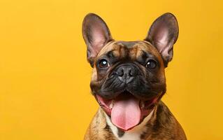 Französisch Bulldogge Hund Das hat geöffnet es ist Mund und Stöcke aus es ist Zunge foto