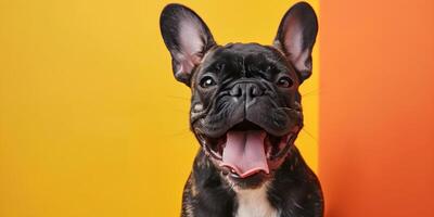 Französisch Bulldogge Hund Das hat geöffnet es ist Mund und Stöcke aus es ist Zunge foto